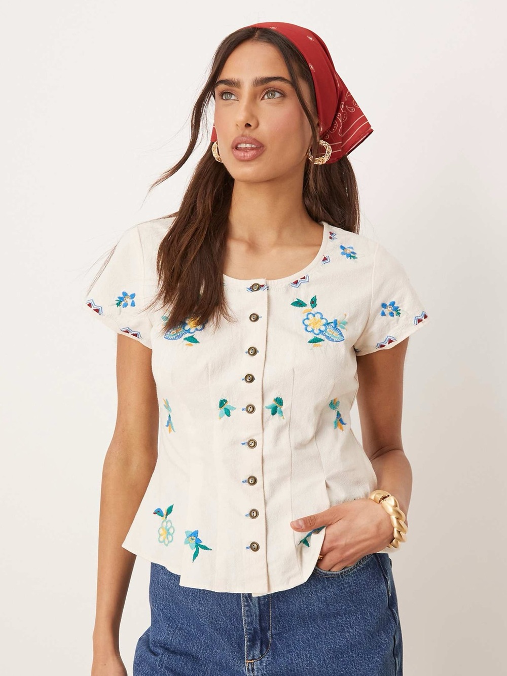 Free People Embroidered  Floral Button-Front Top
